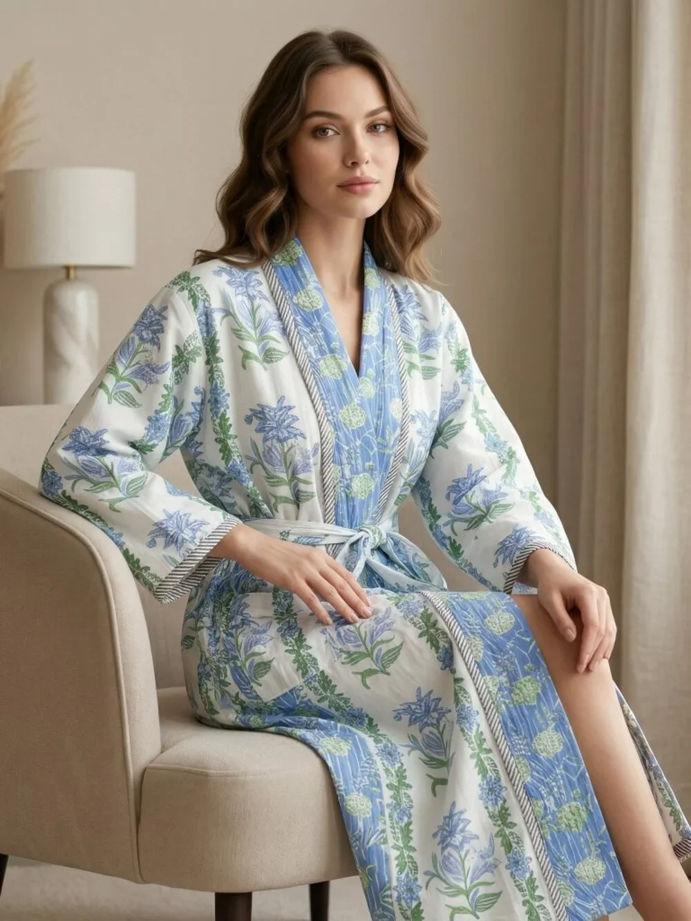 Reversible Cotton Kimono Robe, Hand Block Print Bathrobe, Floral Quilted for Her